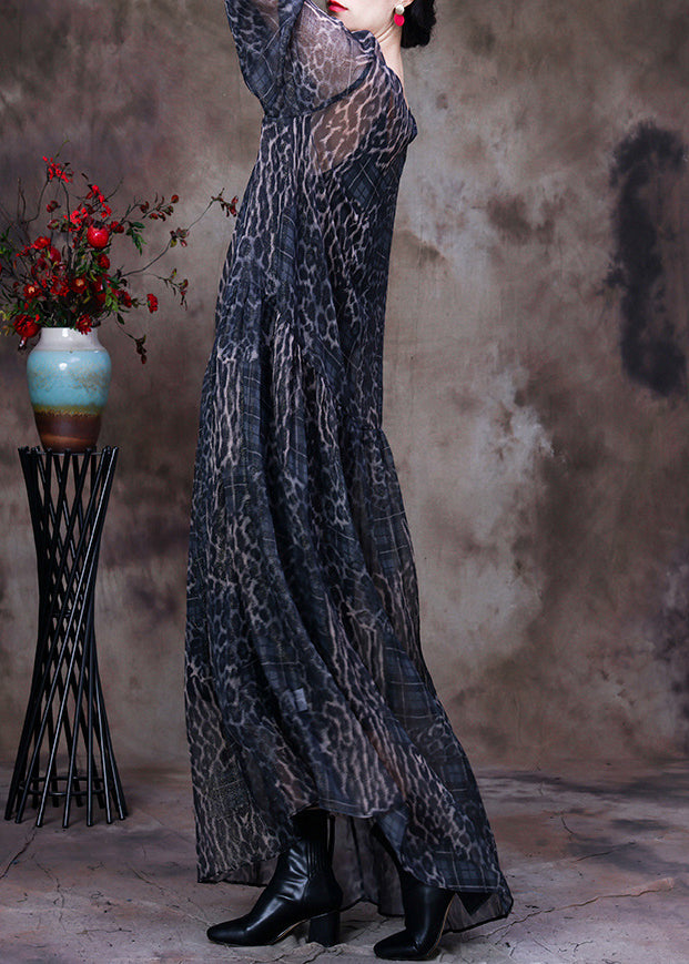 Black Chocolate O-neck Print Maxi Dress and Suspenders Two Pieces Set Fall