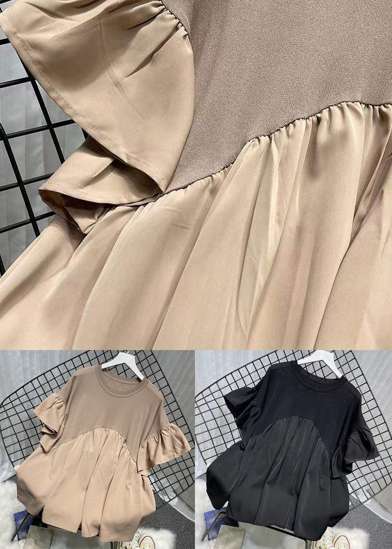 Black Patchwork Loose Chiffon Tops O Neck Flare Sleeve