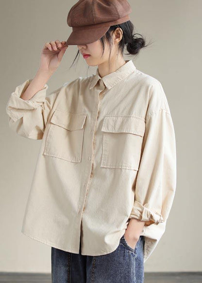 French Beige Tops Lapel Pockets Daily Spring Shirt