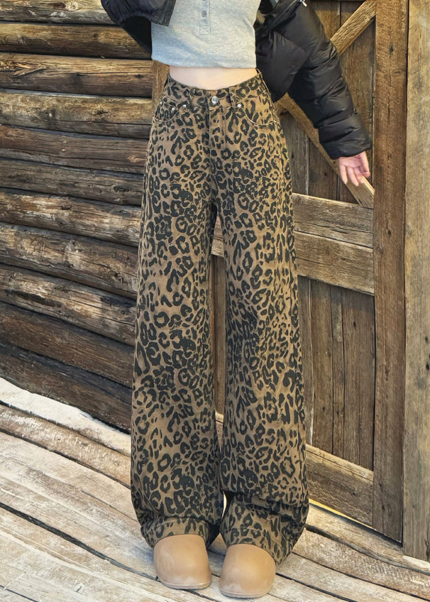 Leopard Pockets High Waist Warm Fleece Wide Leg Pants
