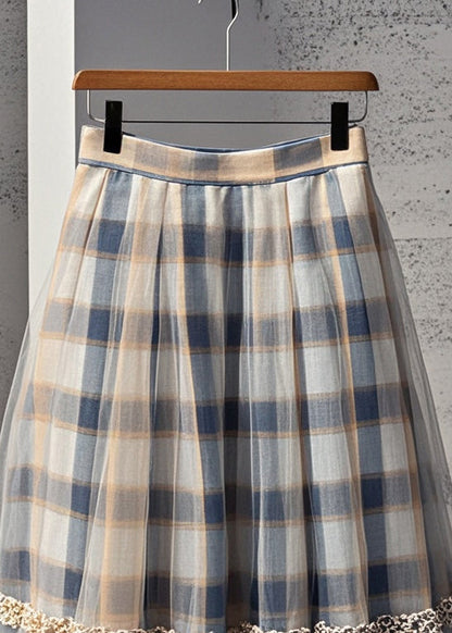 Khaki Plaid Tulle Pleated Skirt Summer