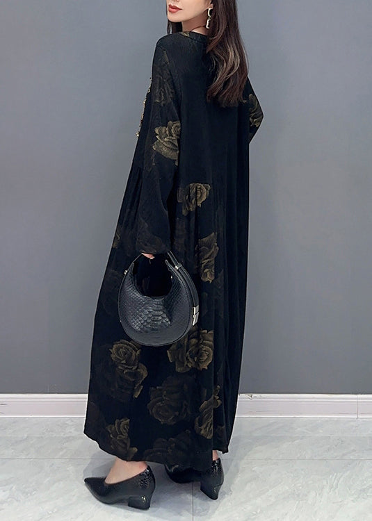 Fine Black O Neck Patchwork Cotton Long Dress Fall