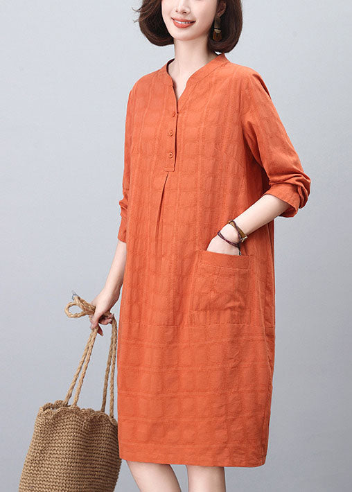 Orange Stand Collar Cotton Mid Dresses Spring