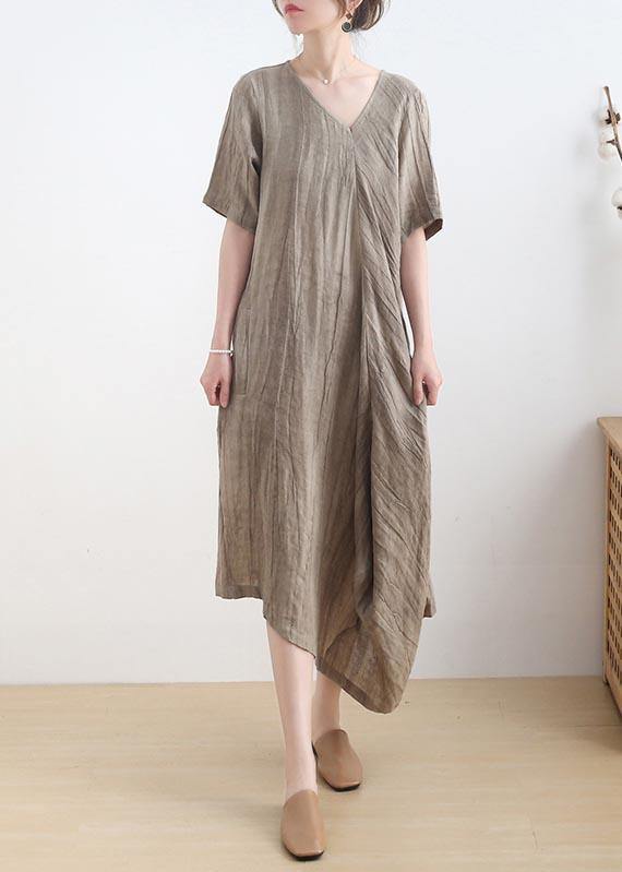 Diy Khaki Asymmetrical Design V Neck Long Summer Linen Dress