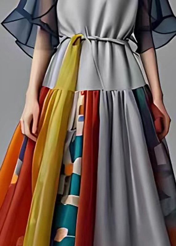 French Grey O-neck Print Wrinkled Chiffon Long Dress Summer