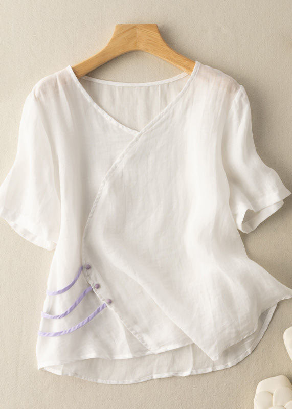 White V Neck Button Patchwork Linen Shirt Top Summer