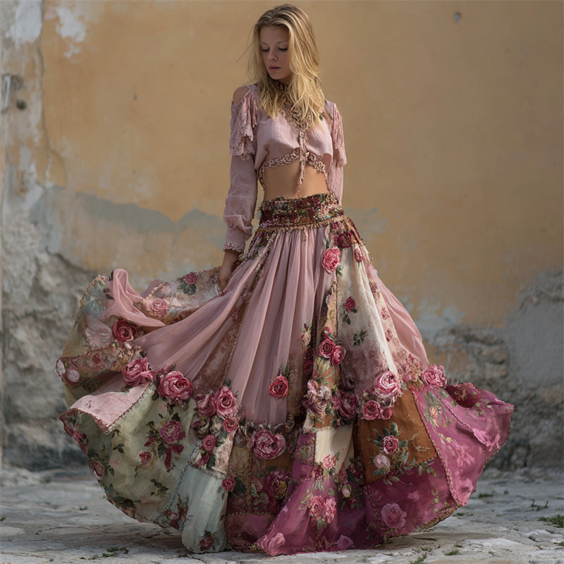 Pink Roses Embroidered Boho Floral Patchwork Flowy Wide Skirt artswardrobe