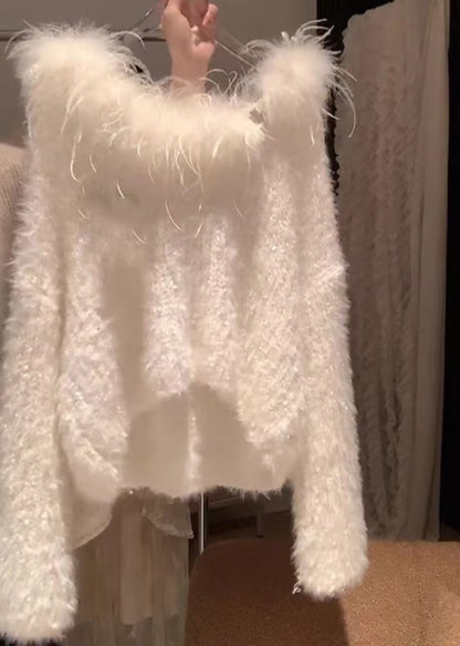 Simple White Fur Collar Cozy Knit Sweater Spring