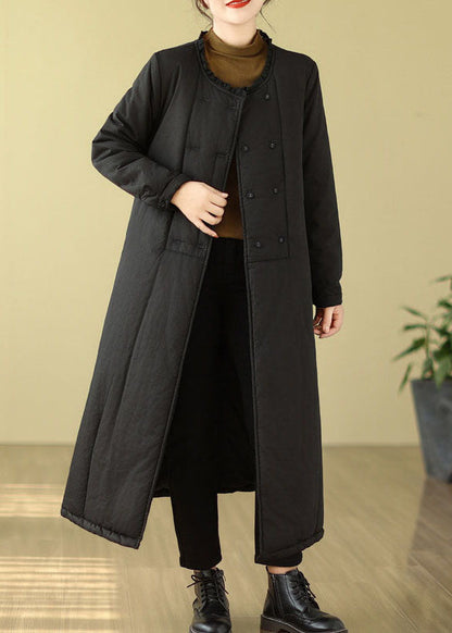 Black O-neck Thick Maxi Parka Coats Long Sleeve