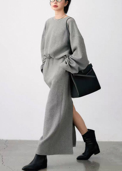 Grey O Neck Side Open Sweatshirt and Skirts Cotton Two Pieces Set Fall