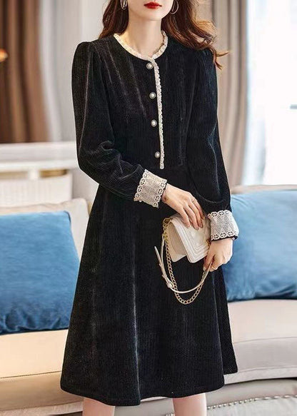 Art Black O-neck Lace Patchwork Thick Corduroy Maxi Dresses Spring