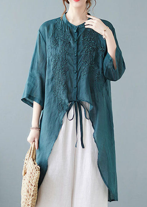 Italian Green Asymmetrical Tie Waist Linen Shirts Half Sleeve