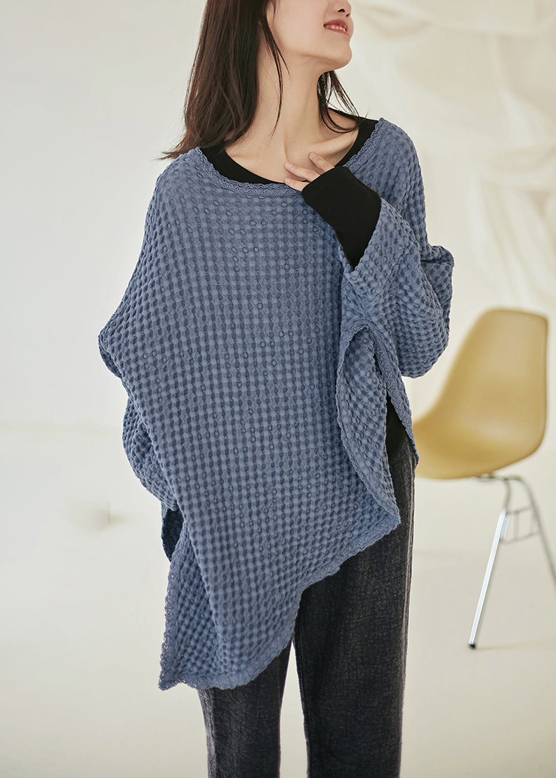 Simple Coffee O-neck Asymmetrical Linen Top Long Sleeve