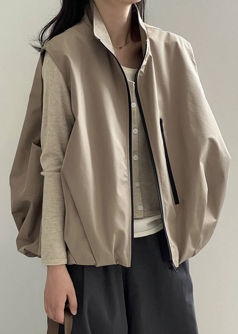 Boutique Khaki Stand Collar Zip Up Wrinkled Vest Sleeveless
