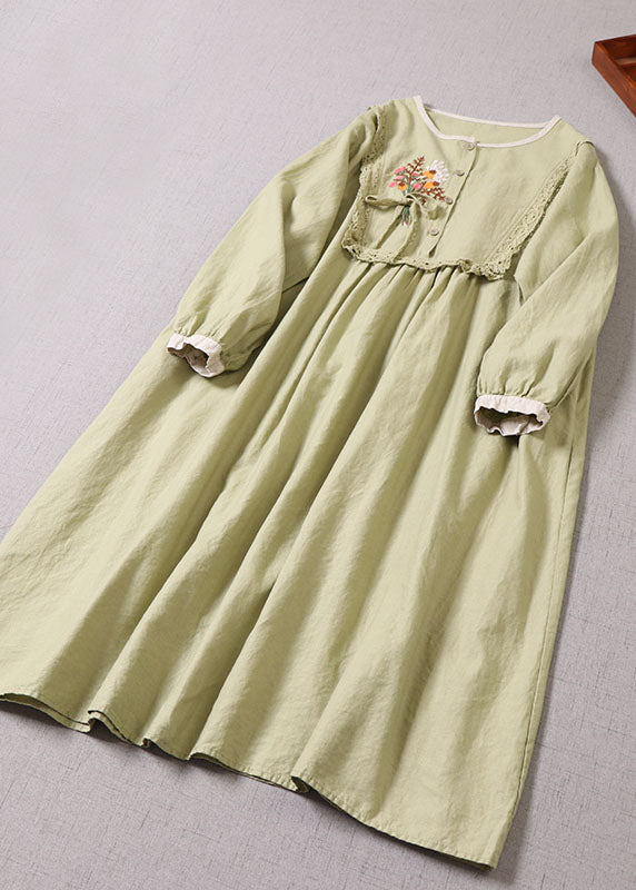Light Green O-neck Embroideried Patchwork Dress Spring