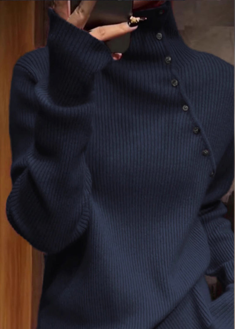 Navy High Neck Knit Sweater Tops Spring
