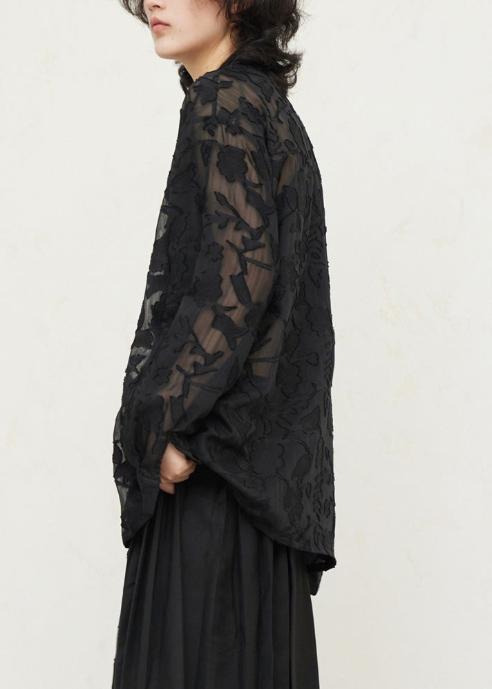 Black V Neck Tie Waist Lace Top Fall