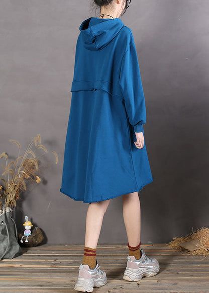 Blue Drawstring Cotton Loose Sweatshirts Dress Spring