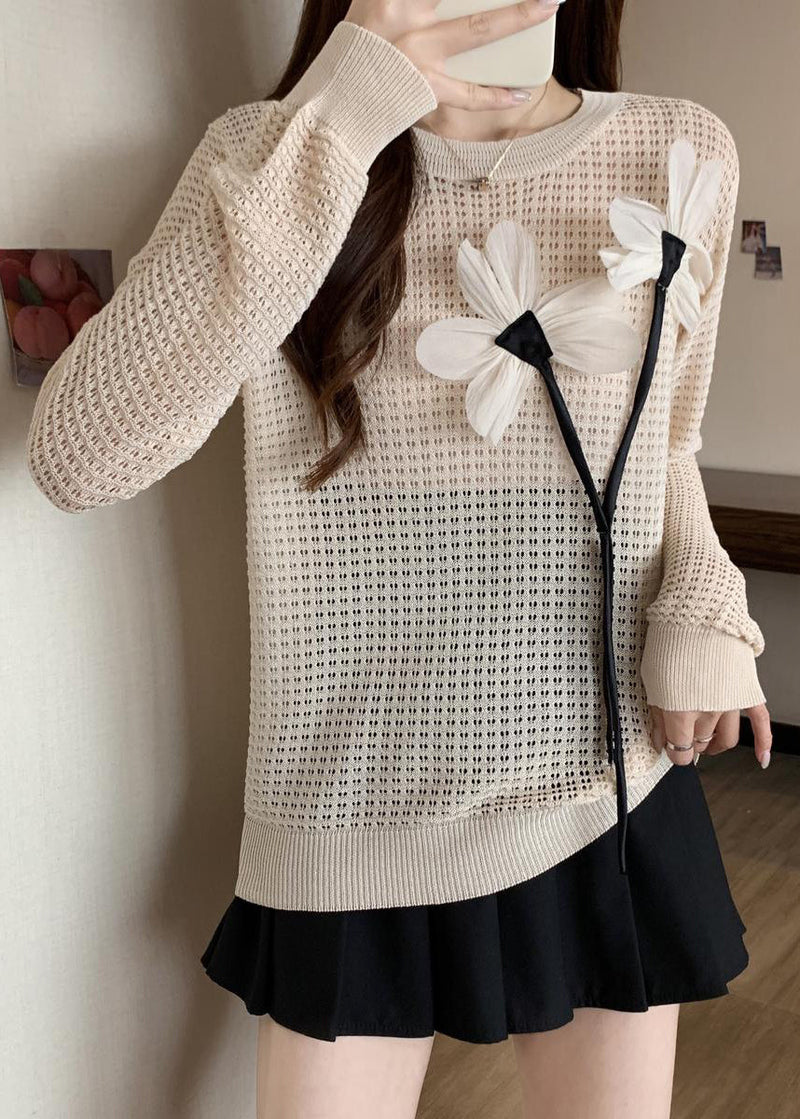 French Black O Neck Hollow Out Knit Top Spring