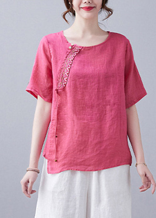 Simple Rose O-neck Asymmetrical Design Embroideried Top Short Sleeve