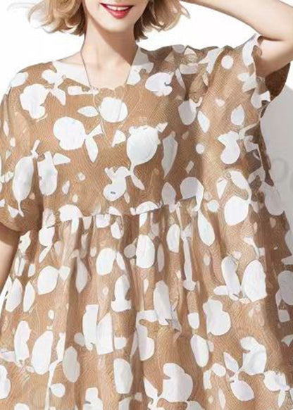 Khaki O-neck Print Patchwork Silk Holiday Dress Summer