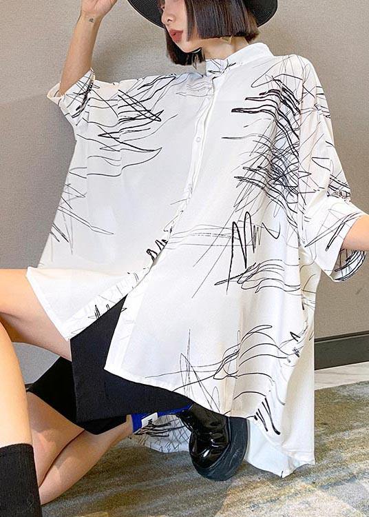 White Print Button Low High Design Cotton Blouses Fall