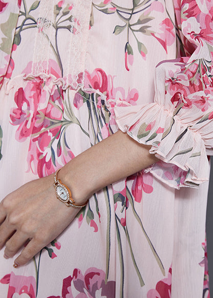 Pink Ruffled Print Chiffon Dress Spring