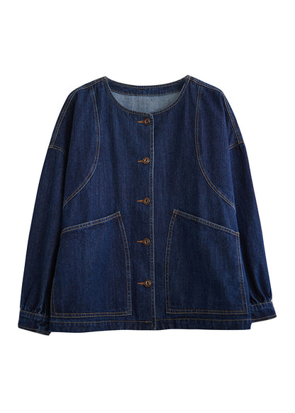 Loose Blue O-neck Pockets Patchwork Denim Coats Long Sleeve Spring