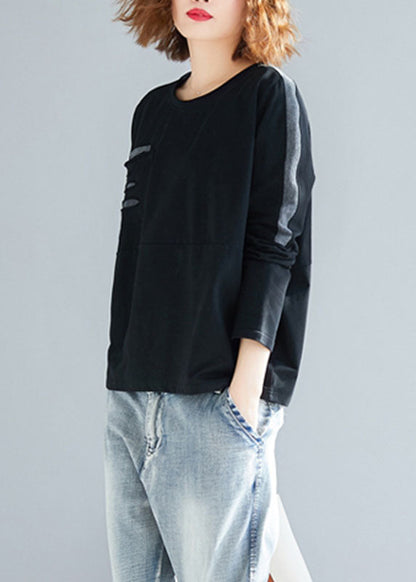 Stylish Black O-neck Patchwork Ripped Cotton Sweatshirts Tops Spring