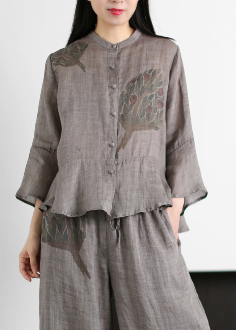 Grey Stand Collar Print Linen Tops and Wide Leg Pants Two Piece Outfit Flare Sleeve