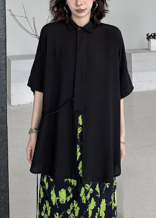 Black Asymmetrical Lace Up Patchwork Cotton Shirt Batwing Sleeve