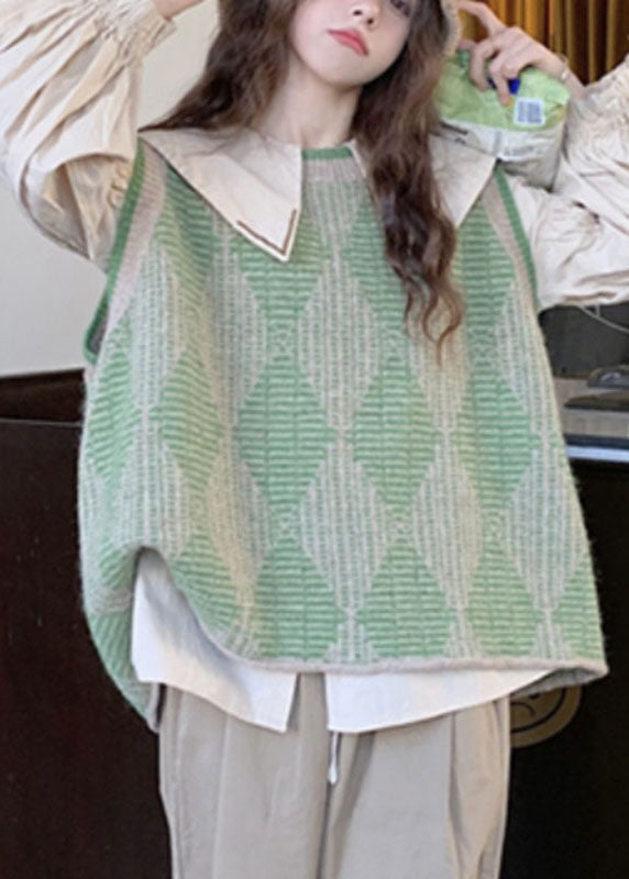 Loose Green Plaid Print Knit Waistcoat and Shirts Two Pieces Set Fall