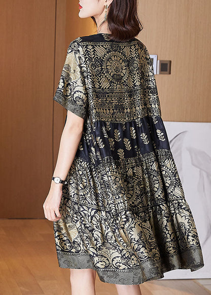 Boutique Gold O-neck Print Wrinkled Patchwork Silk Dresses Summer