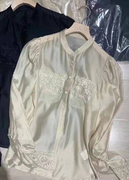 White Stand Collar Button Lace Patchwork Silk Blouses Long Sleeve