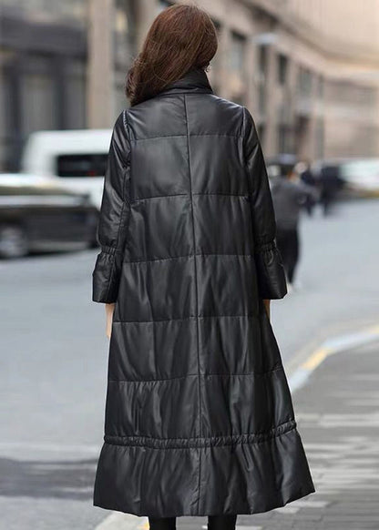 Black Stand Collar Drawstring Sheepskin Duck Down Filled Jacket Winter
