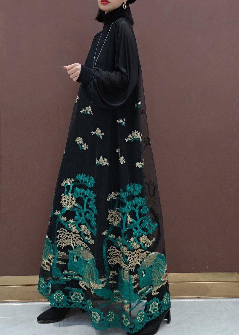 Modern Black Embroidery Dresses Stand Collar Patchwork Tulle Vestidos De Lino Spring Dress