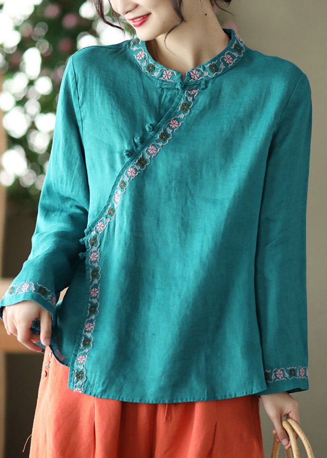 Blue O-neck Print Button Linen Shirt Long Sleeve