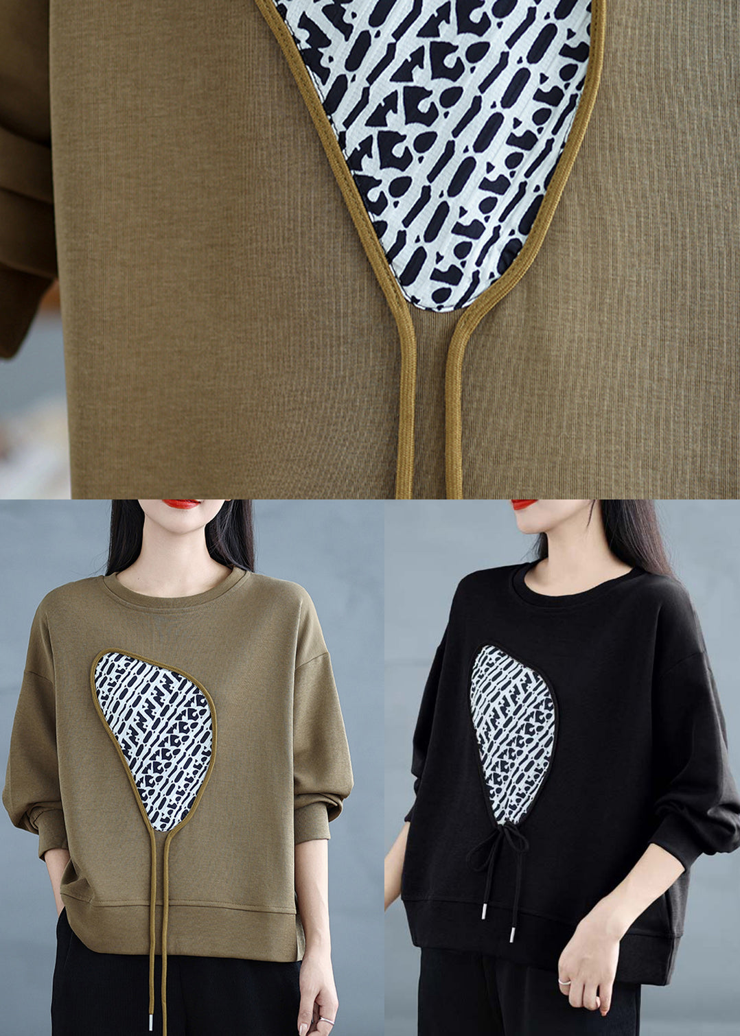 Khaki Print Cotton Pullover Tasseled Spring