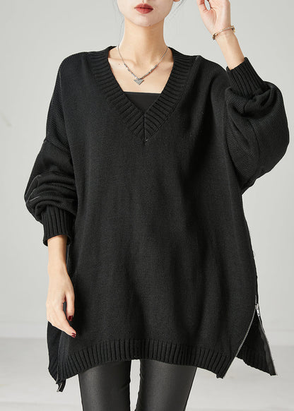 Black Oversized Side Open Knit Sweaters Spring