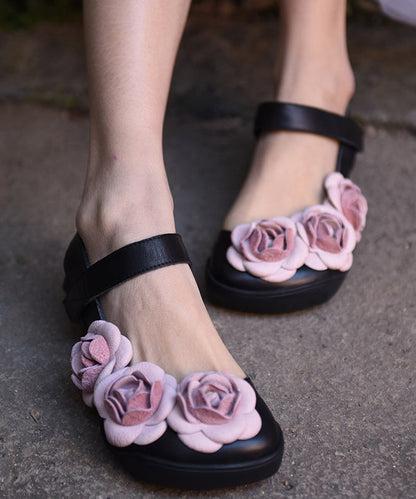Black Buckle Strap Splicing Leather Upper Baotou Walking Sandals