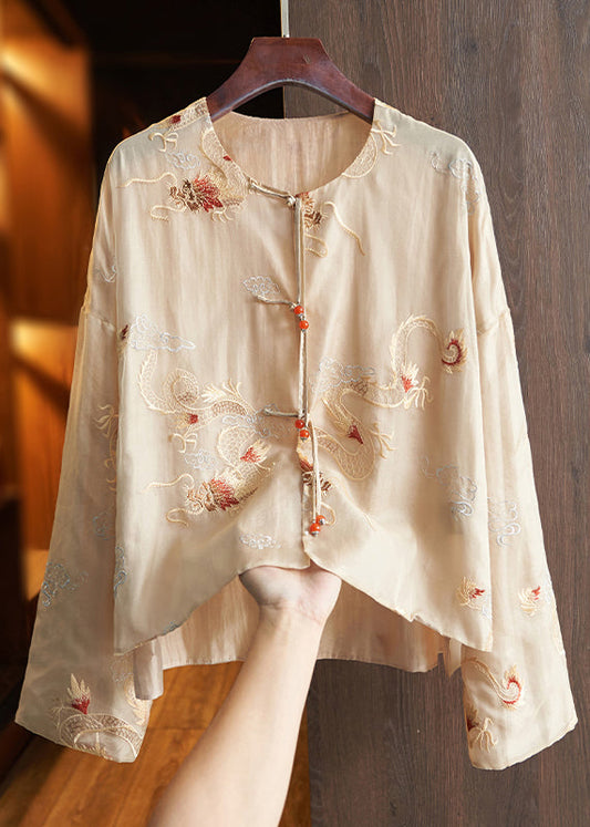 Chinese Style Khaki O-neck Embroidered Silk Shirts Spring