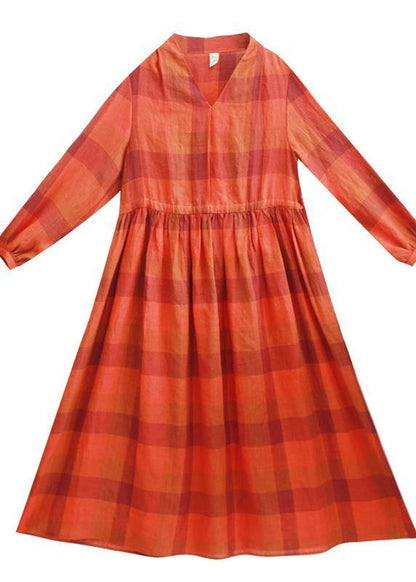 Orange Plaid Clothes O Neck Drawstring Spring Dress