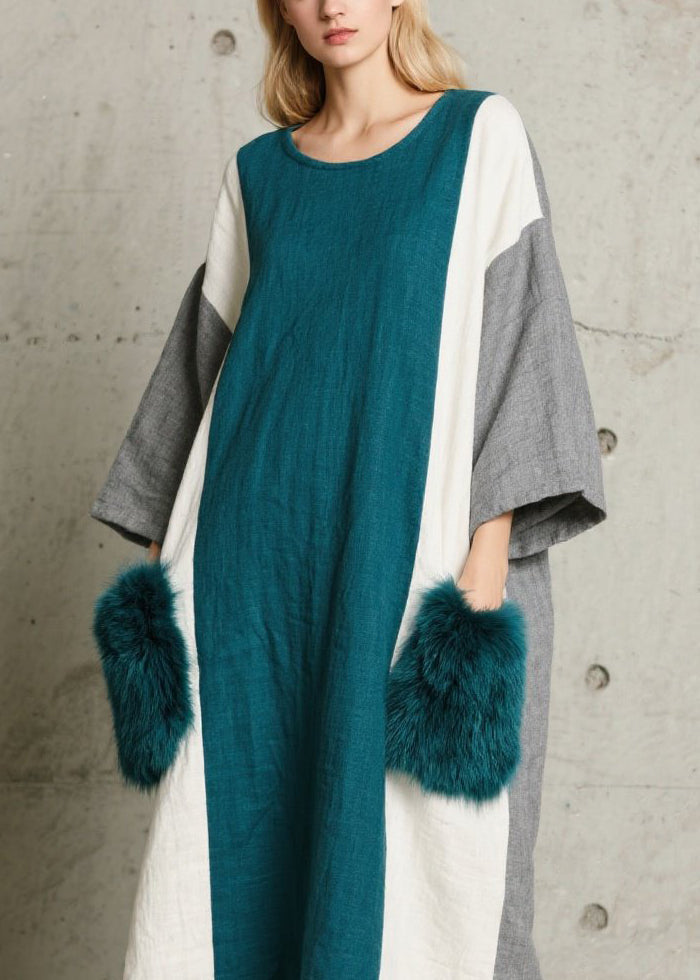 Colorblock O Neck Fuzzy Fur Patchwork Cotton Dress Fall