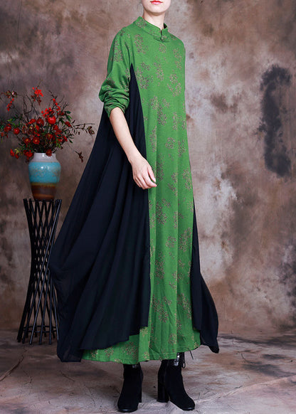 Diy Green Button Patchwork Asymmetrical Design Fall Dress