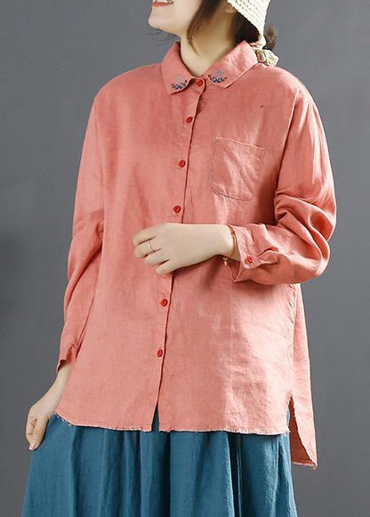 French Red Shirts Lapel Embroidery Blouses