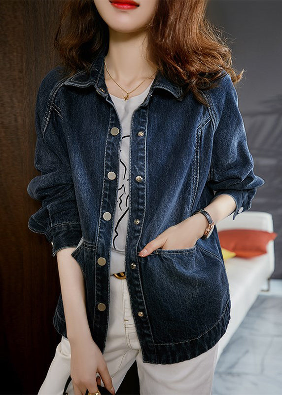 Navy Peter Pan Collar Pockets Patchwork Denim Jackets Spring