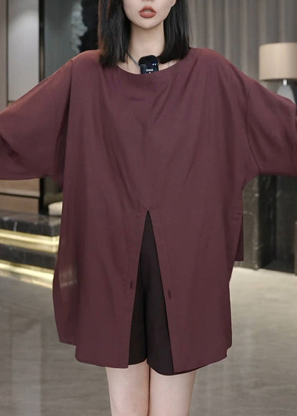 Organic Rust O Neck Front Open Cotton Shirts Top Fall