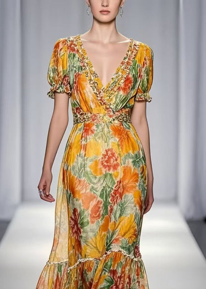 Yellow Ruffled Print Chiffon Dresses Summer