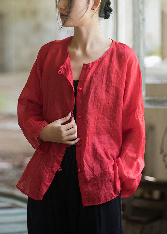 Red Loose Linen Shirts O-neck Button Down Fall