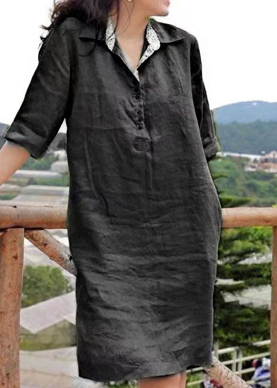 Handmade Yellow Peter Pan Collar Patchwork Vacation Mid Linen Dresses Summer